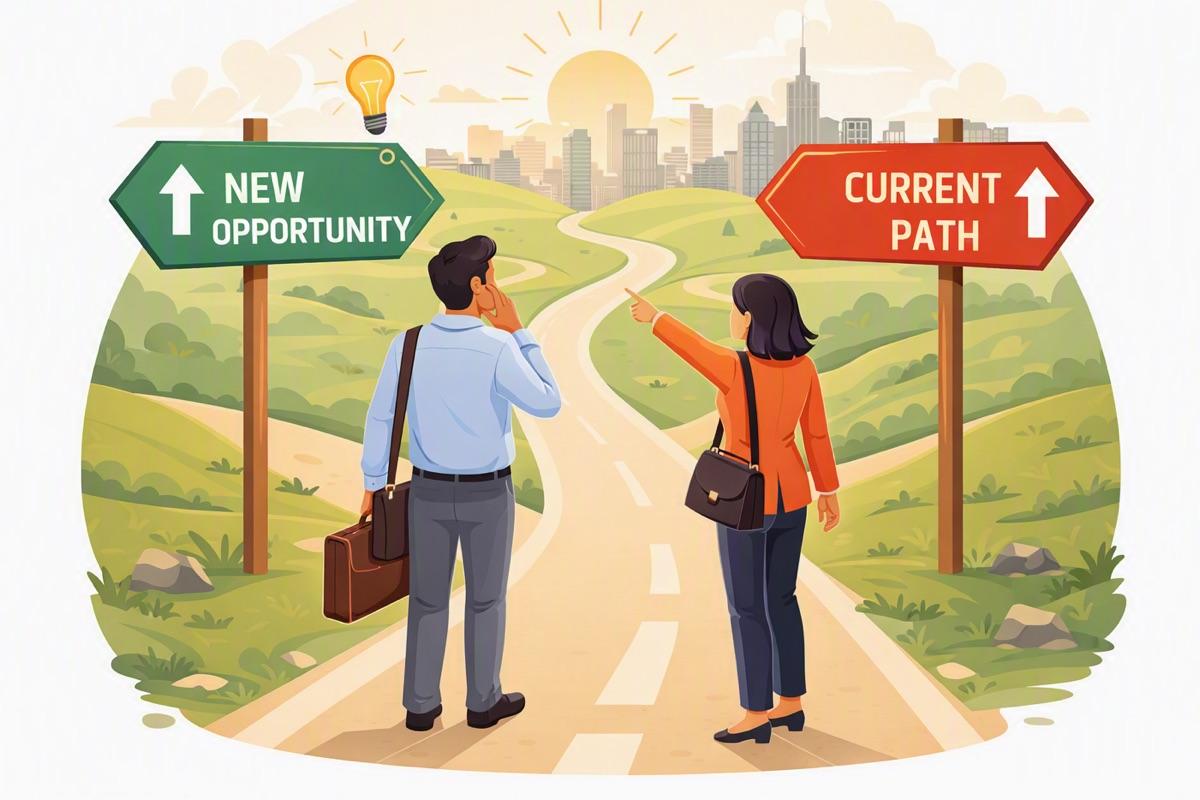 Two professionals at a fork in the road, between signs for a new opportunity and their current path
