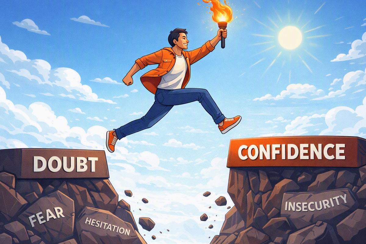 A man carrying a torch leaps from a cliff marked Doubt to one marked Confidence