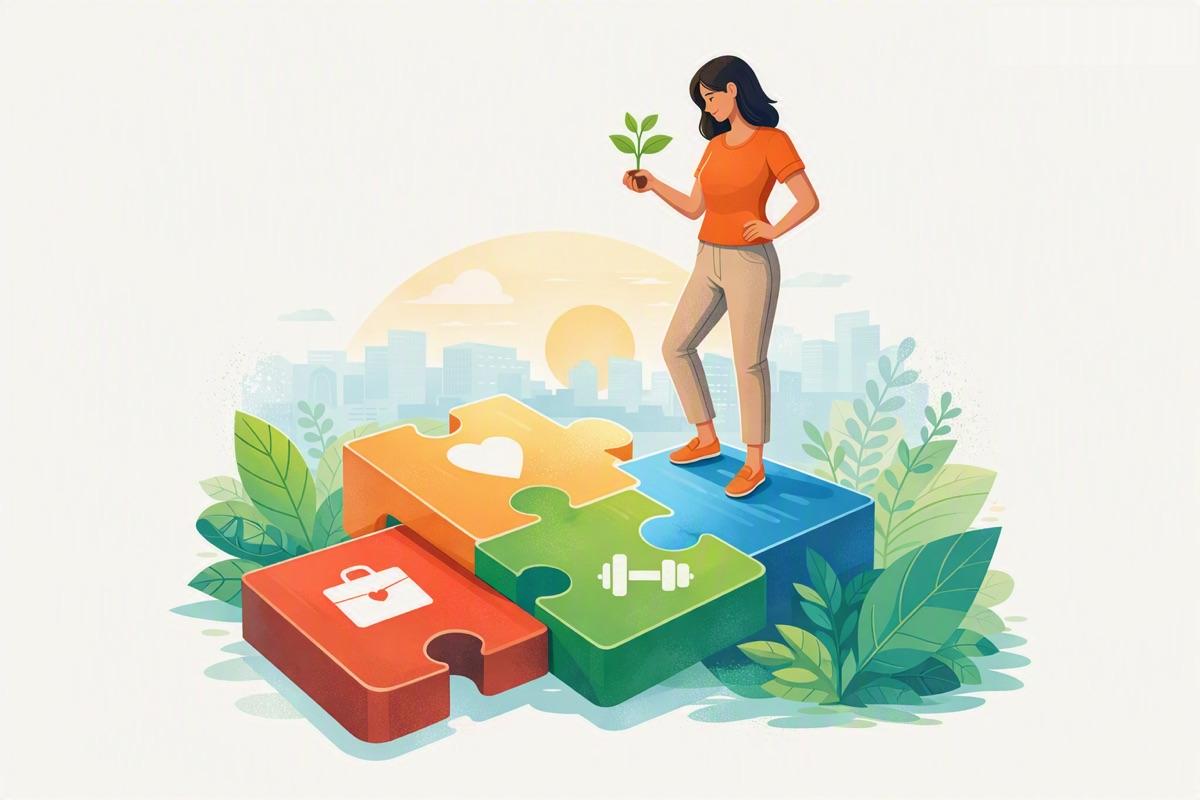 A woman holding a seedling stands on puzzle pieces for work, love and health fitting together