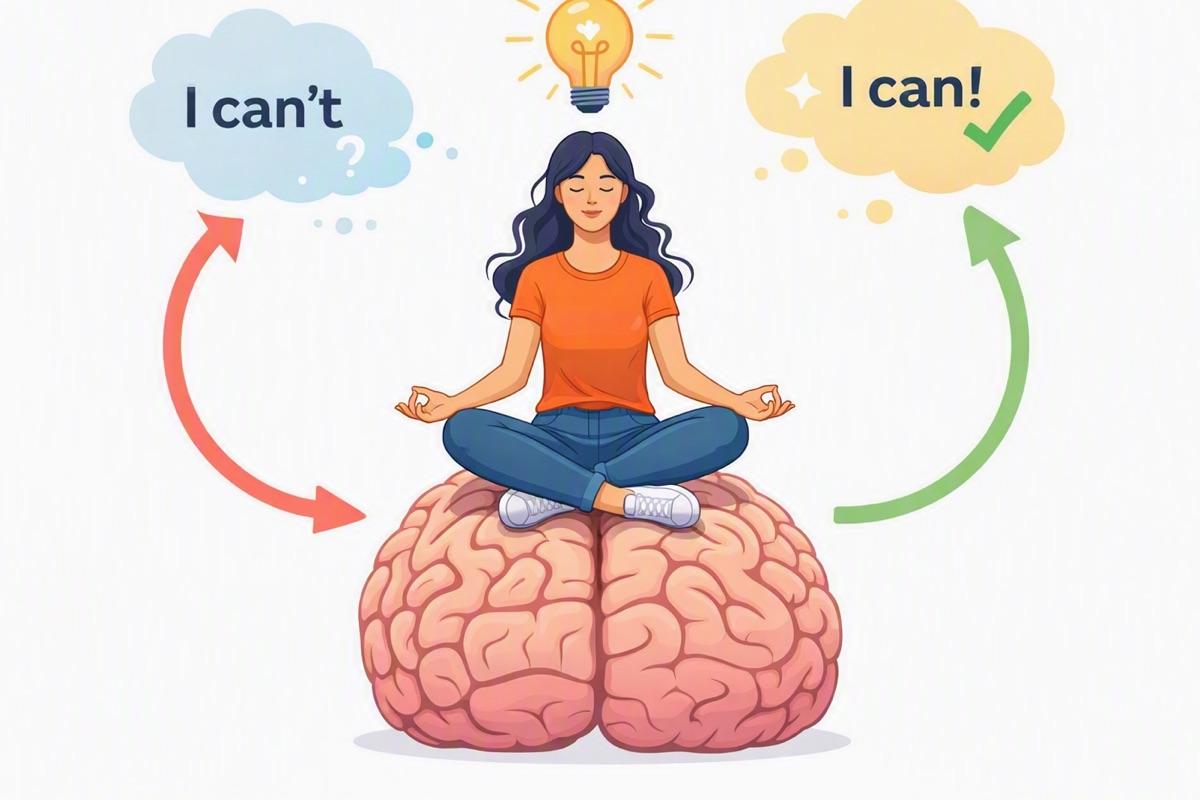 A woman meditating on top of a brain as a thought turns from “I can't” into “I can!”