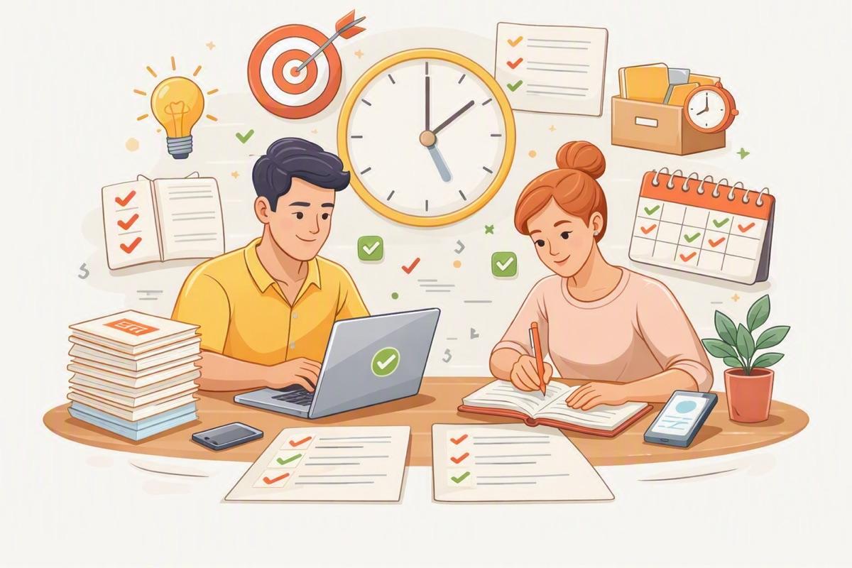 Two people working calmly at a desk under a clock, surrounded by ticked-off checklists