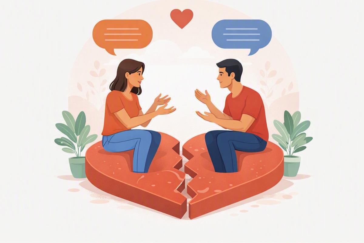 Two people sitting on the halves of a broken heart, talking and listening to each other