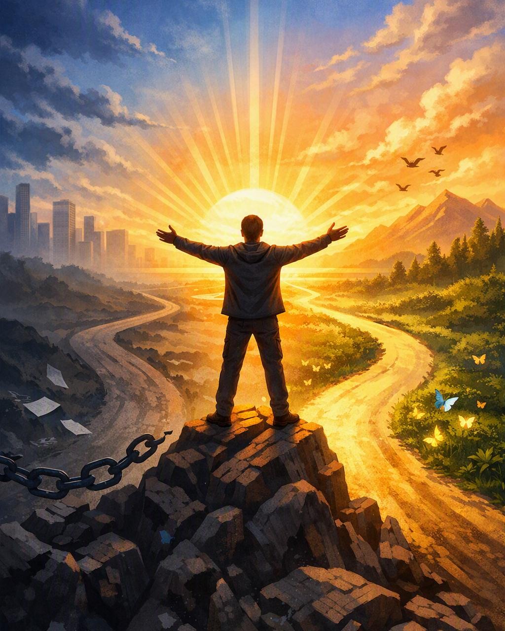 A person on a rocky peak with arms open to the sunrise, a broken chain behind them and a bright path ahead